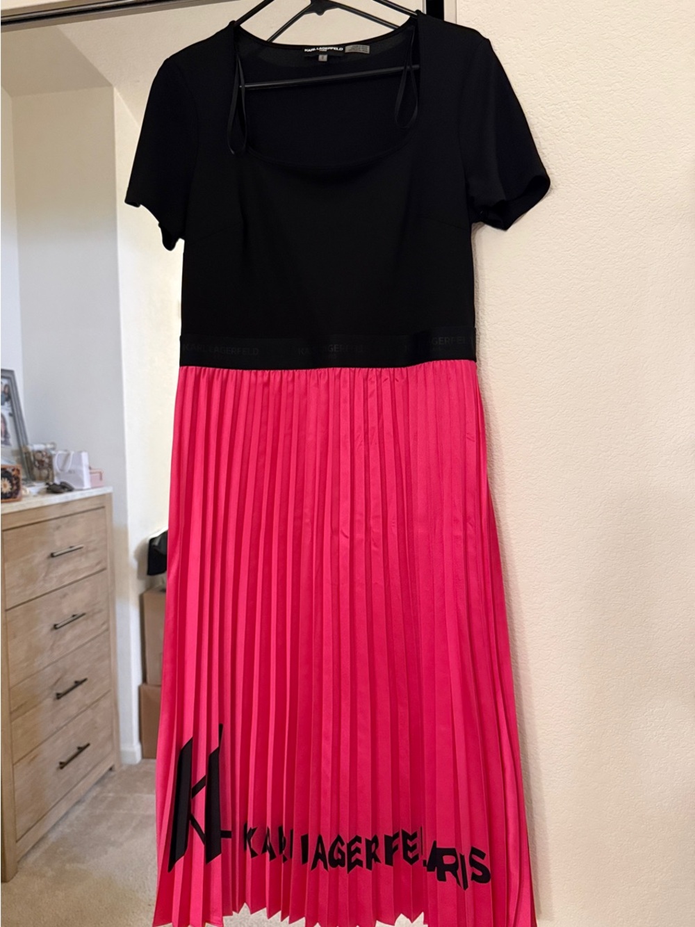 Karl Lagerfeld Black Top with Fuchsia Pleated Midi Skirt